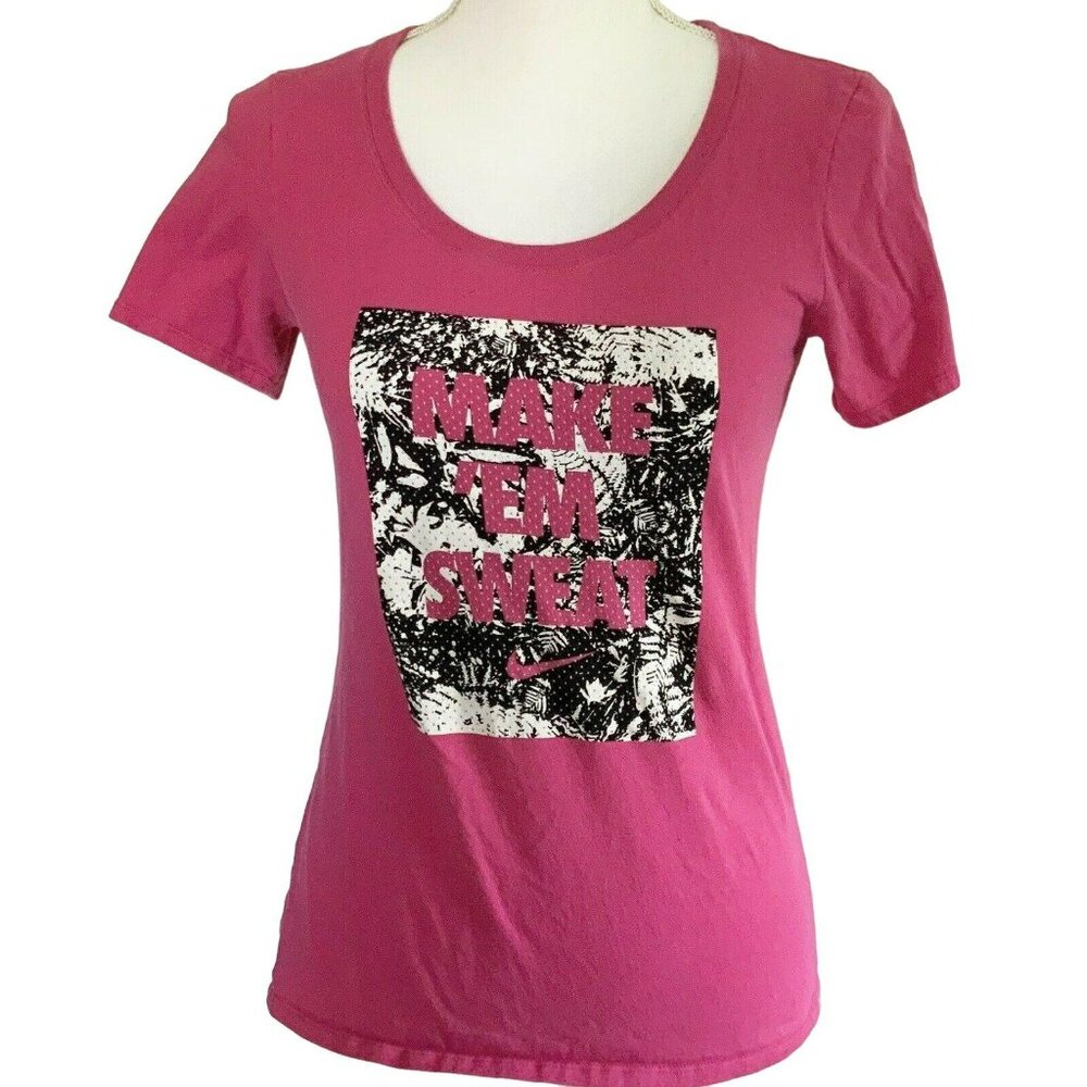 Womens Nike T-shirt Hot Pink Fitted Back and White Graphic Scoop Neck Small